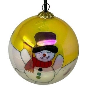 Vintage‎ Snowman Ornament Reverse Painted Irredescent Yellow White Red Christmas
